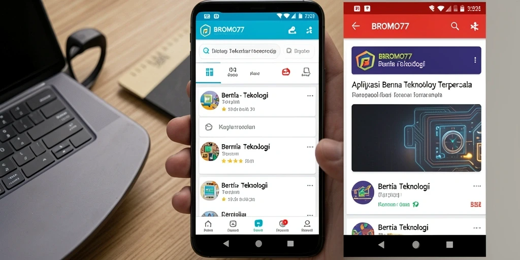 Screenshot antarmuka aplikasi BROMO77 menampilkan berita teknologi terbaru.