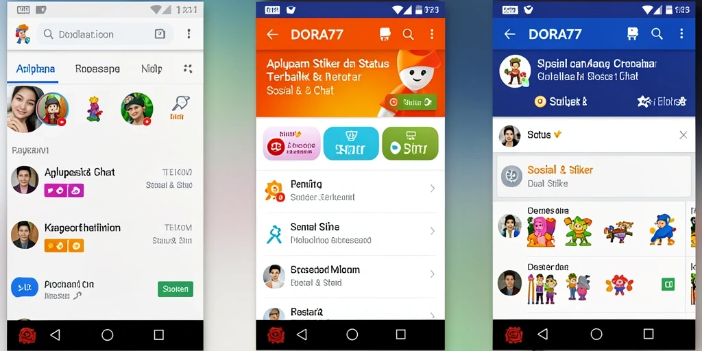 Tampilan antarmuka DORA77 dengan pilihan stiker yang beragam.