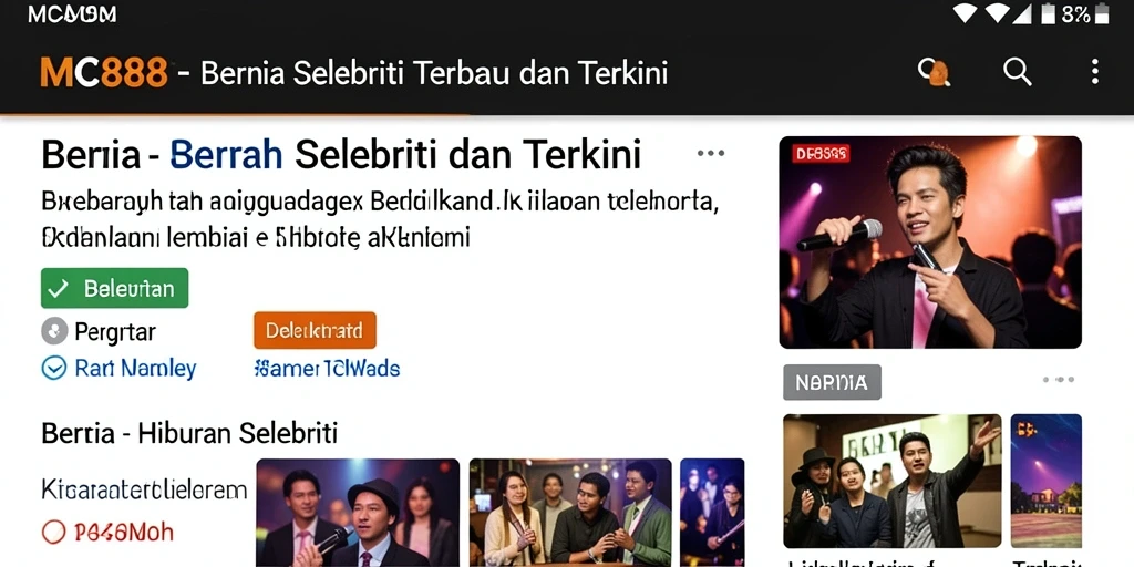 Antarmuka aplikasi MC888 dengan berita selebriti terbaru.