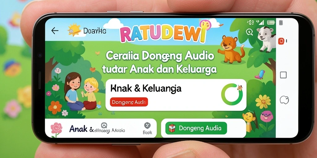 Antarmuka aplikasi Dongeng Audio yang menarik dan ramah anak.